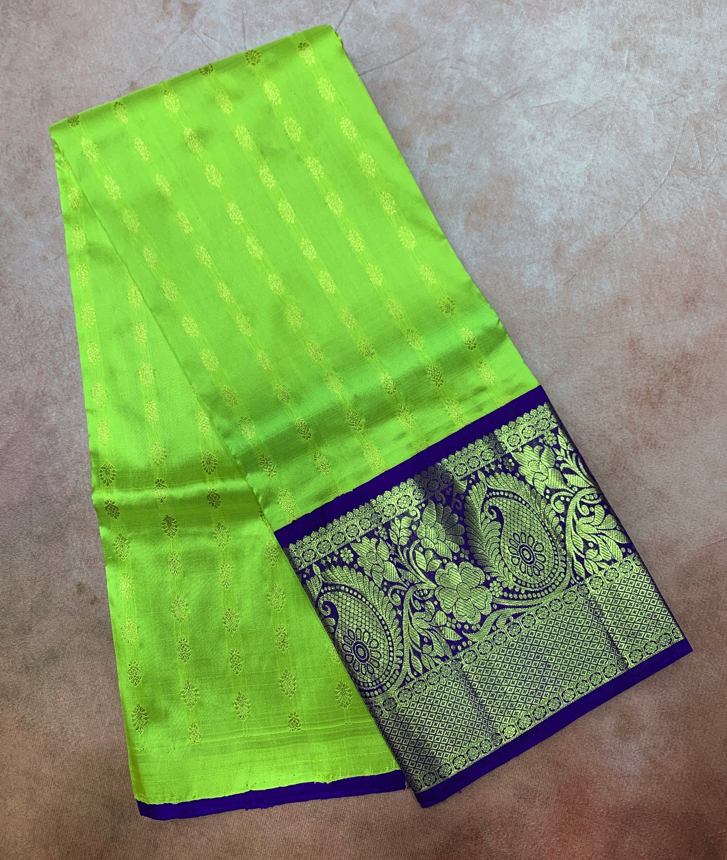 Lime Green shade Pure Kanchipuram Kids Pattu Pavadai with Contrast Border for age 5 to 10