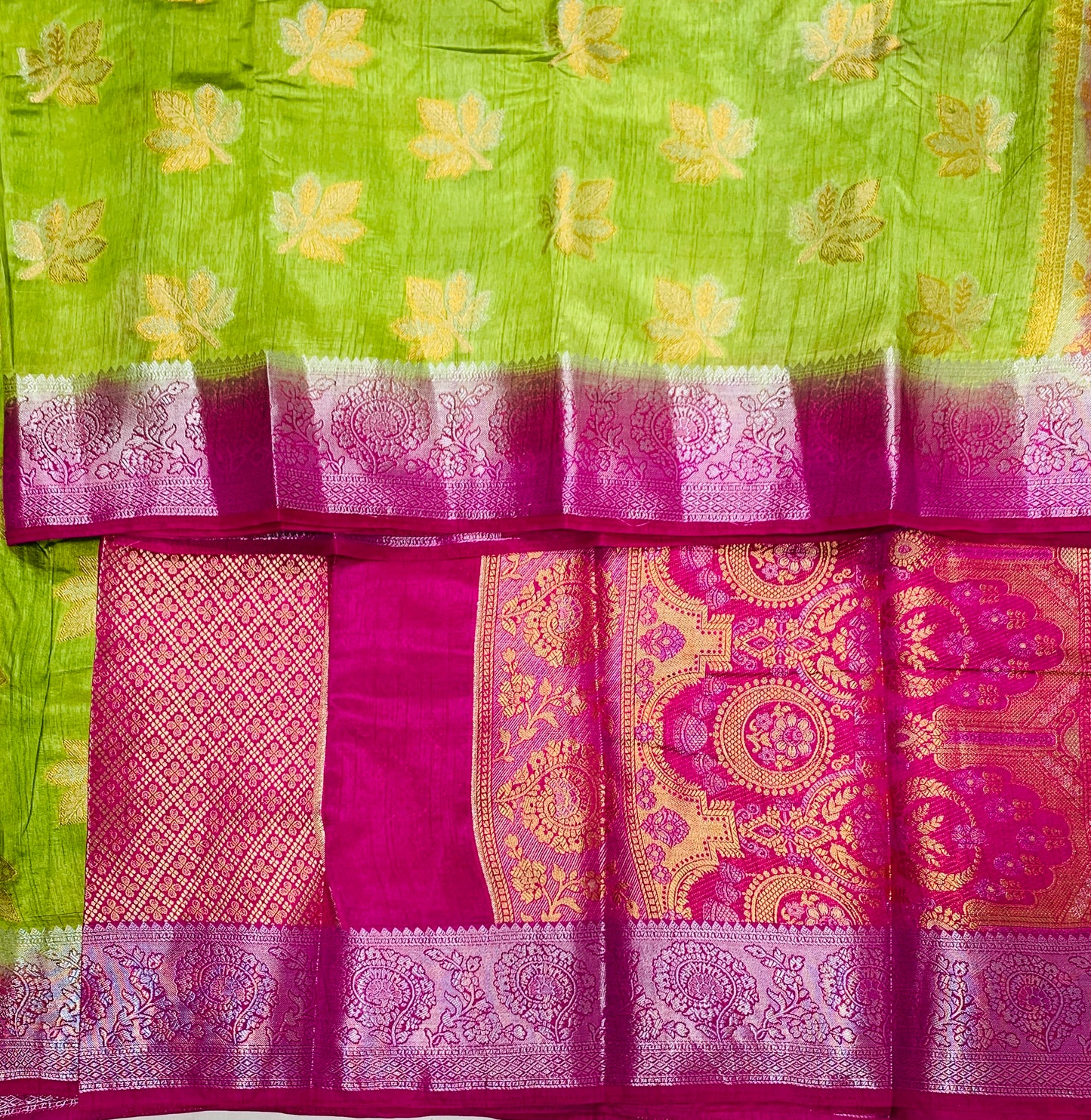 Tussar Saree Olive Green Colour with Pink Border