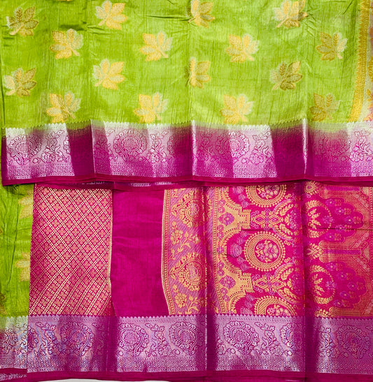 Tussar Saree Olive Green Colour with Pink Border