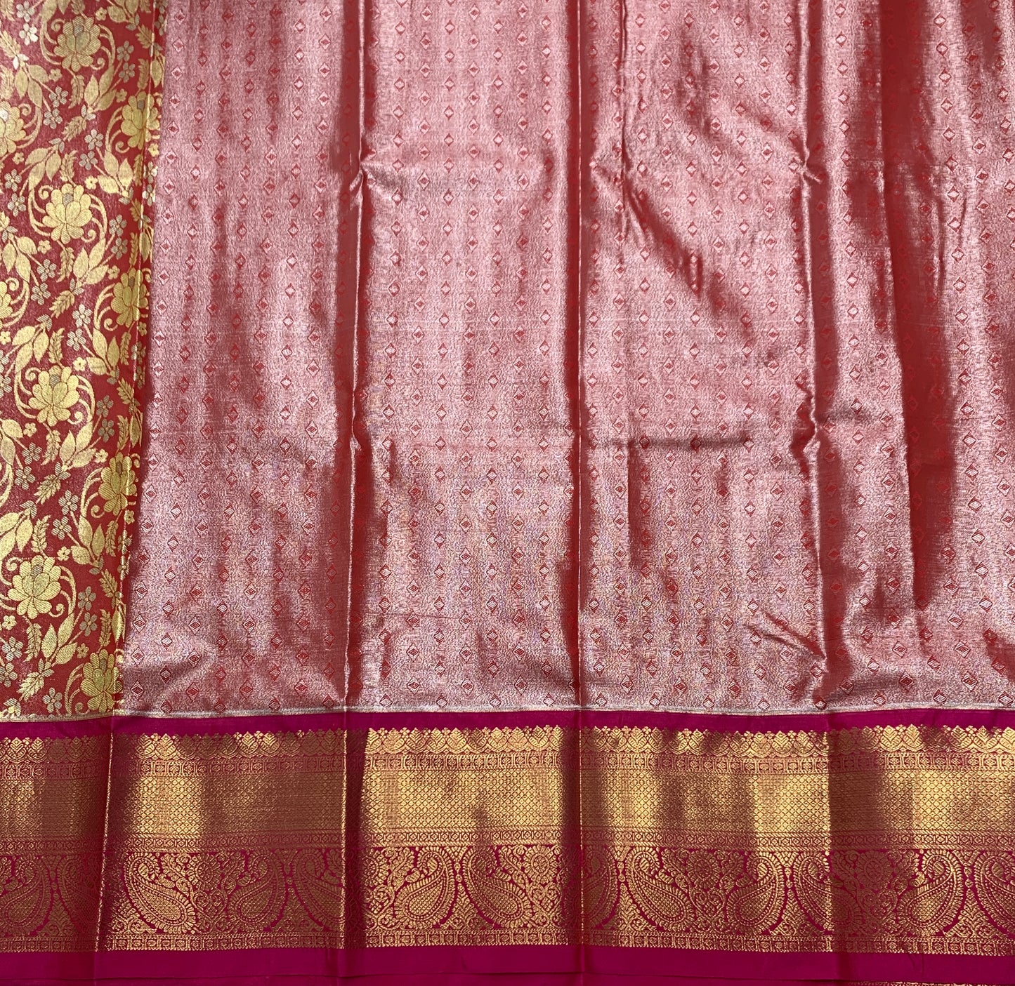 Redish Gold Shade Vegan Silk Kids Pattu Pavadai with Contrast Border for age 2 to 5