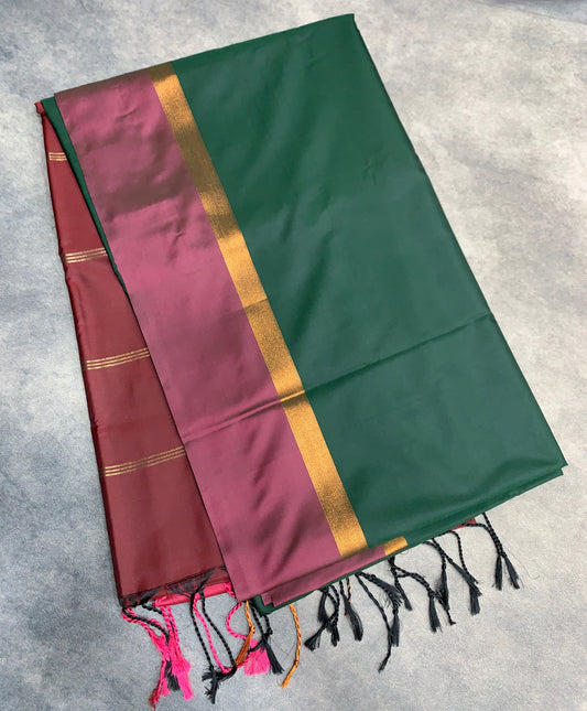 Art Silk Saree Green Colour with Magenta and Copper Border