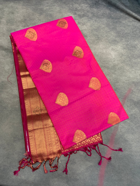 Soft Vegan Silk Saree Rani Pink Colour with Pink and Copper Border
