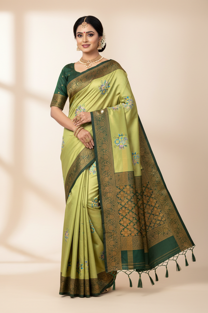 Fancy Tissue Saree Olive Green Colour with Green Border