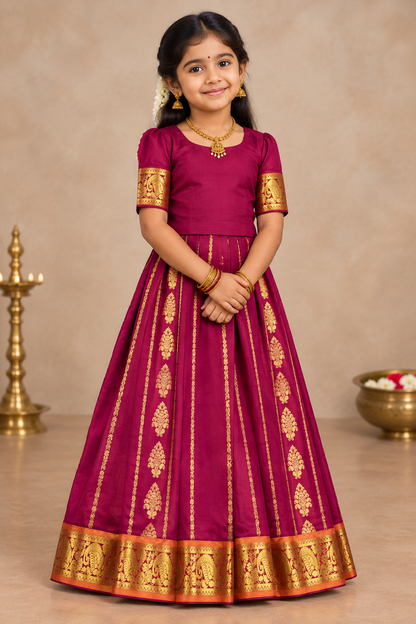 Magenta Pink shade Semi Silk Kids Pattu Pavadai with Contrast border for age above 10 years