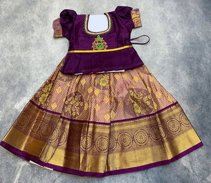 Ready To Wear Onion Pink Colour Pavadai with Contrast Dark Magenta Colour Blouse