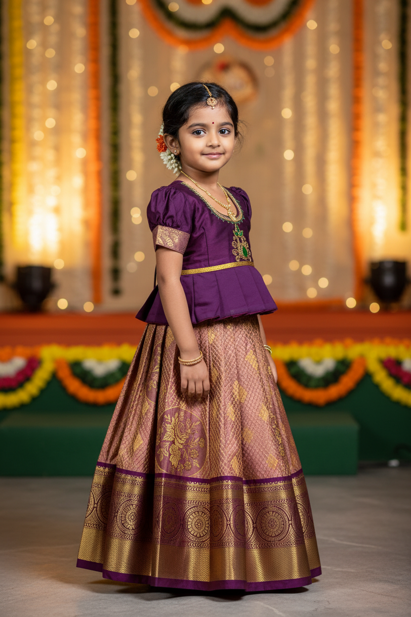 Ready To Wear Onion Pink Colour Pavadai with Contrast Dark Magenta Colour Blouse