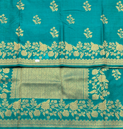 Kora Silk Saree Rama Green Colour with Flower Design Border