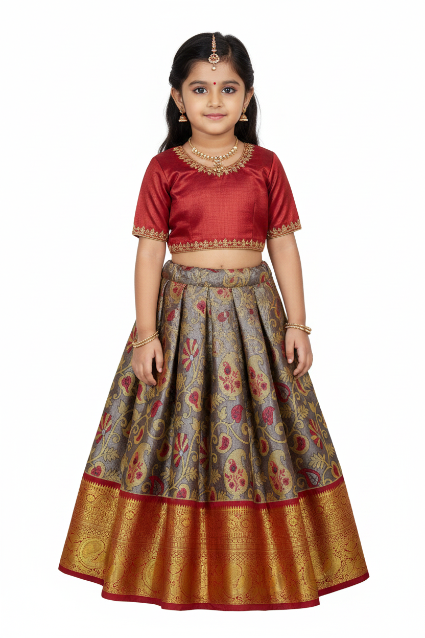 Golden Gray Shade Vegan Silk Kids Pattu Pavadai with Contrast border for age 2 to 5
