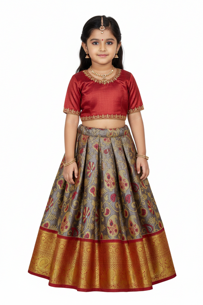 Golden Gray Shade Vegan Silk Kids Pattu Pavadai with Contrast border for age 2 to 5