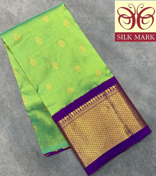 Parrot Green Shade Pure Kanchipuram Kids Pattu Pavadai with Contrast Border for Newborn to 2 Years