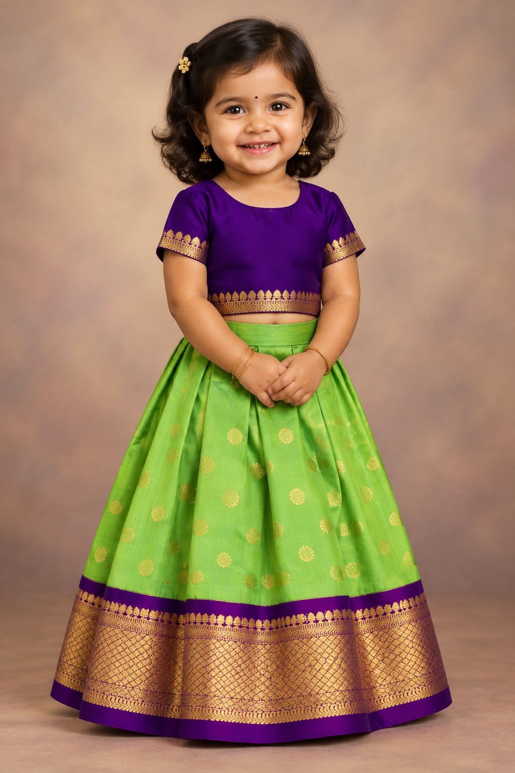 Parrot Green Shade Pure Kanchipuram Kids Pattu Pavadai with Contrast Border for Newborn to 2 Years