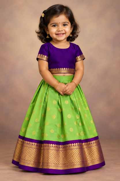 Parrot Green Shade Pure Kanchipuram Kids Pattu Pavadai with Contrast Border for Newborn to 2 Years