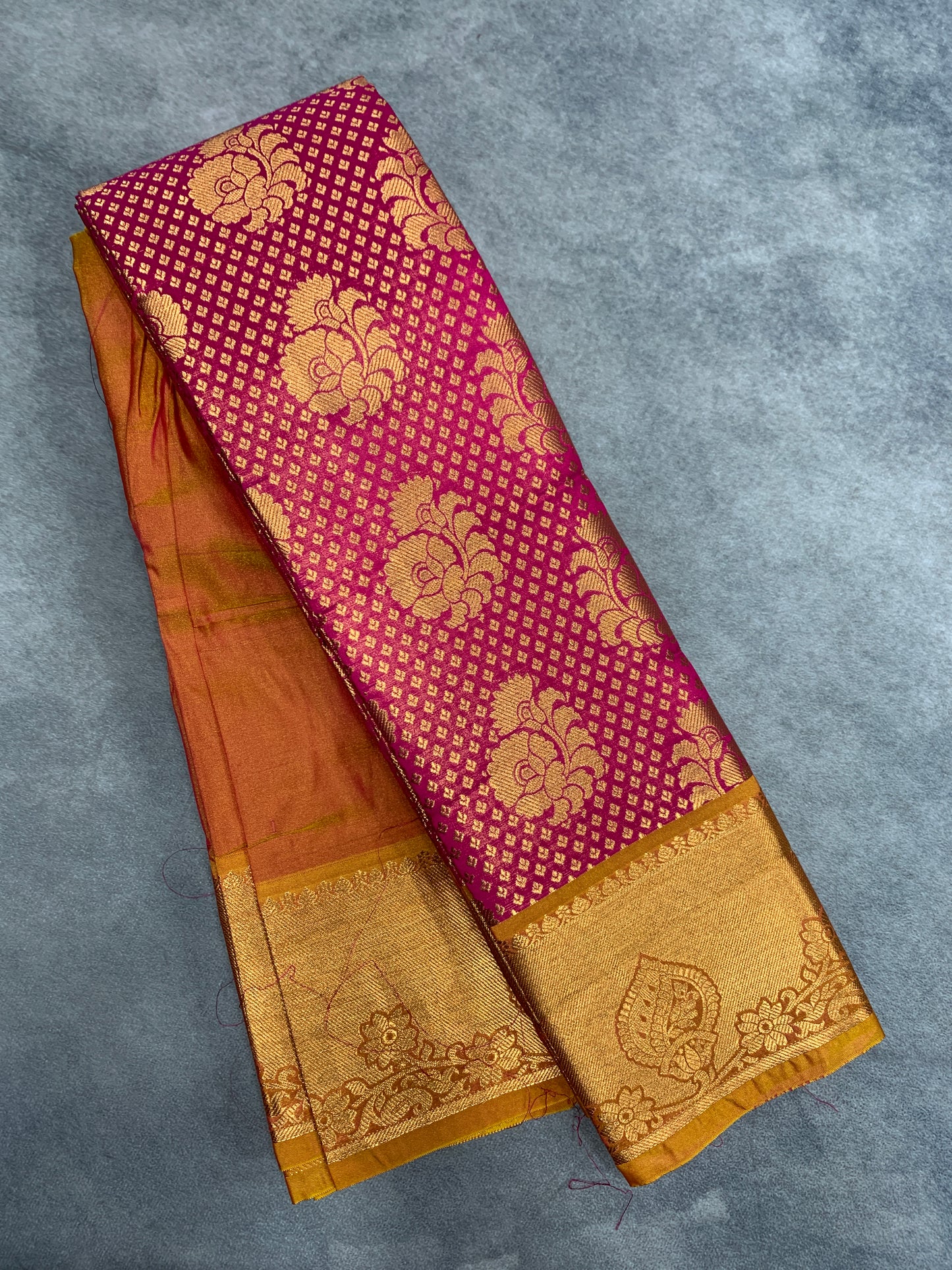 Vegan Silk Saree Pink Colour with Golden Yellow and Copper Border