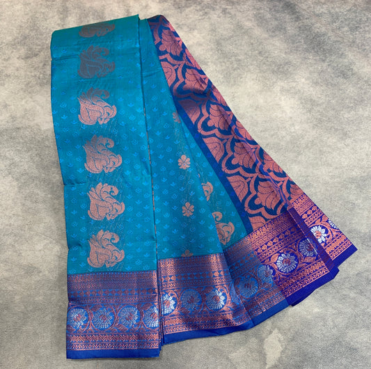 Vegan Silk Saree Sky Blue Colour Saree with Copper Border