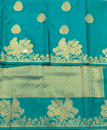 Kora Silk Saree Rama Green Colour with Flower and Parrot Design Border