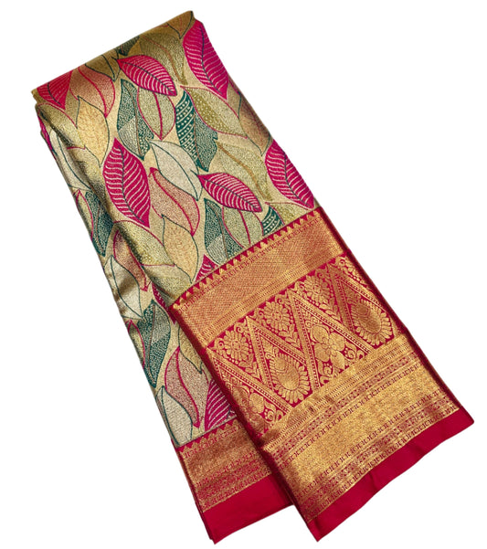 Green & Pink Leaf Soft Kanchi Tissue Pattu Saree with Pink border