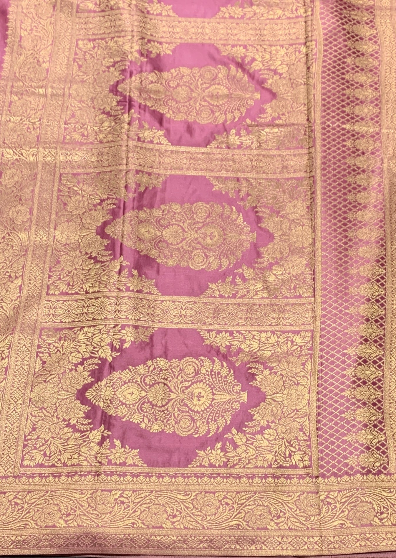Banaras Saree Lavender Colour with Golden Colour Floral Design Border