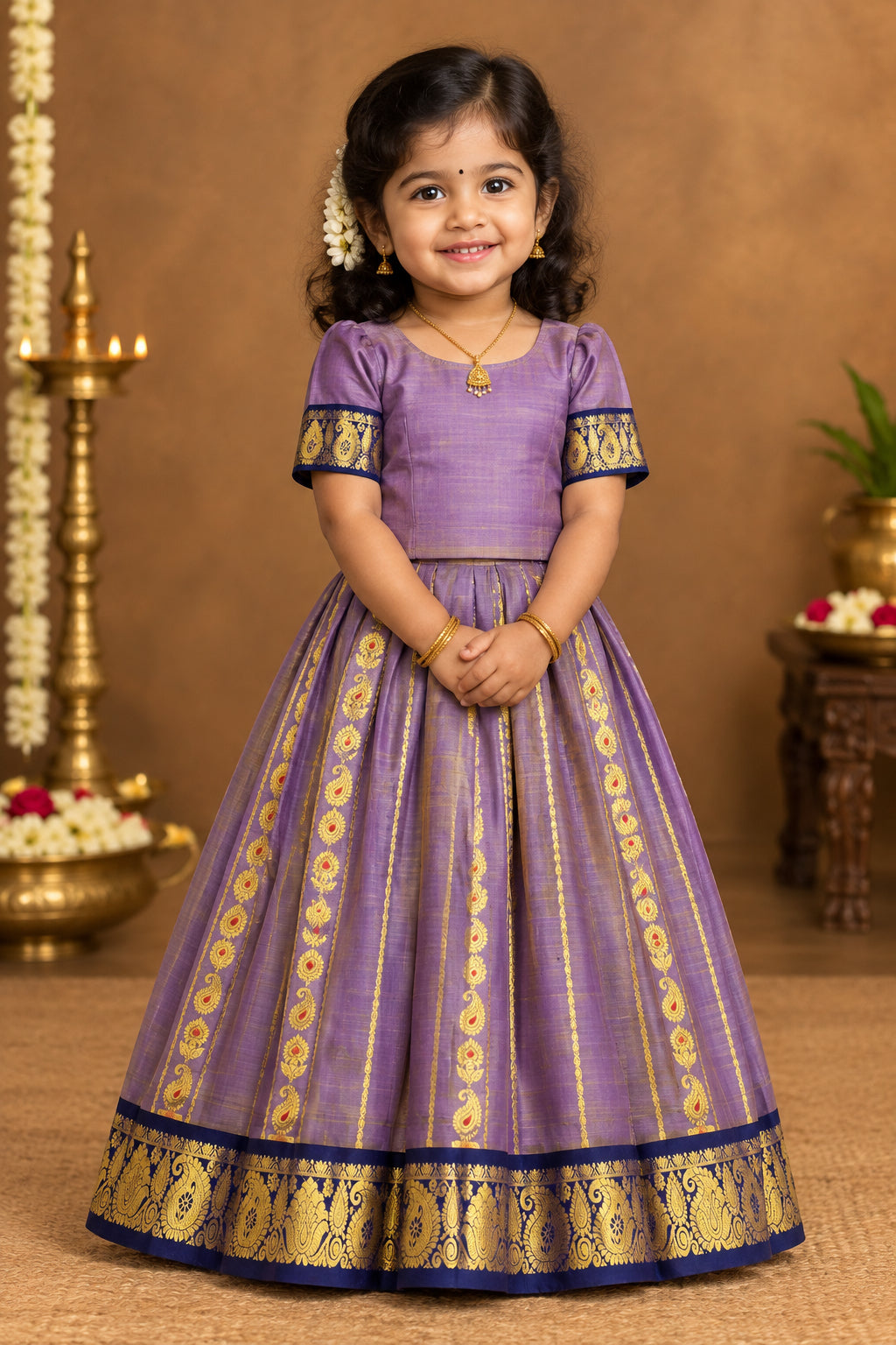 Dual Tone Shade Semi Silk Kids Pattu Pavadai with Contrast border for Age 2 to 5 Years