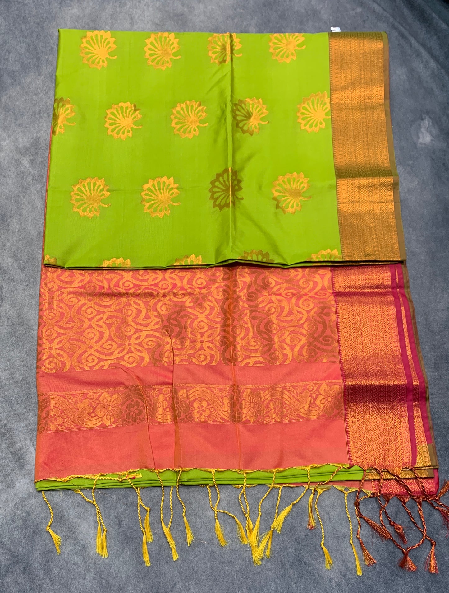 Soft Vegan Silk Saree Light Green Colour with Peach and Copper Border