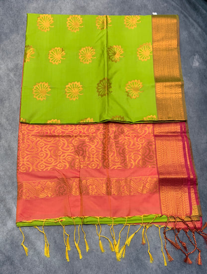Soft Vegan Silk Saree Light Green Colour with Peach and Copper Border