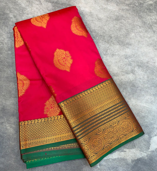Soft Silk Casual Saree Tomato Pink Colour with Light Green and Golden Colour Border