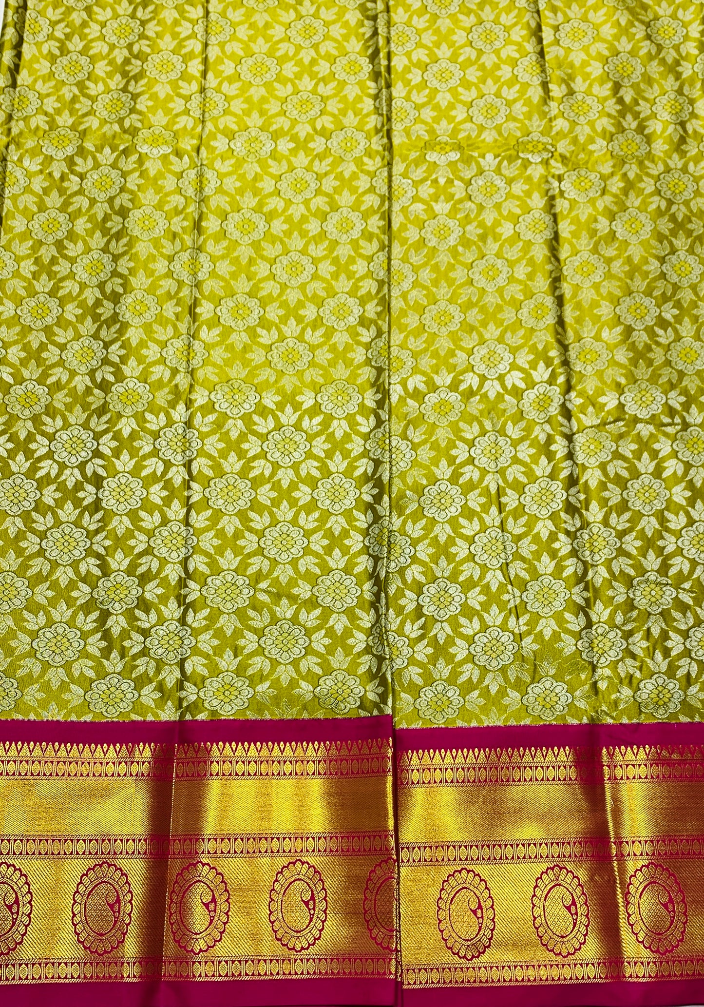 Yellow Green shade Vegan Silk Kids Pattu Pavadai with contrast border for age 5 to 10