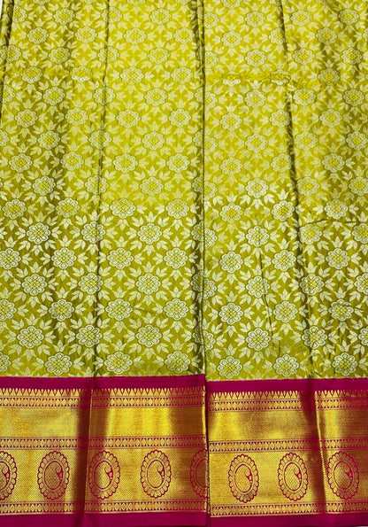 Yellow Green shade Vegan Silk Kids Pattu Pavadai with contrast border for age 5 to 10