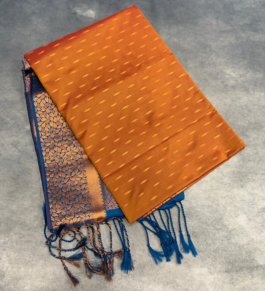 Soft Vegan Silk Saree Russet Colour with Sky Blue and Copper Border