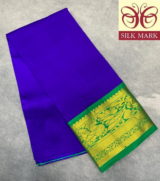 Blue Shade Pure Kanchipuram Kids Pattu Pavadai with Contrast Border for Newborn to 2 Years