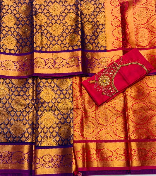 Bridal Vegan Silk Saree Violet shade with Purple Border with Unstitched blouse in Aari work