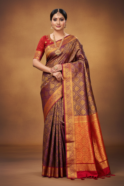 Bridal Vegan Silk Saree Violet shade with Purple Border with Unstitched blouse in Aari work