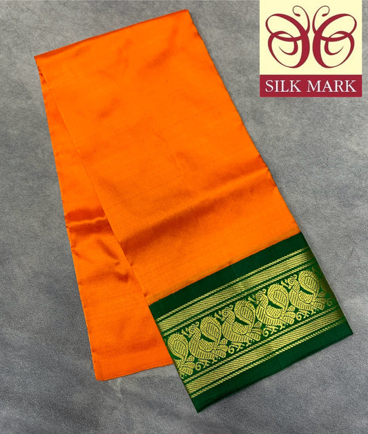 Mango Yellow Shade Pure Kanchipuram Kids Pattu Pavadai with Contrast Border for age 2 to 5