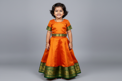 Mango Yellow Shade Pure Kanchipuram Kids Pattu Pavadai with Contrast Border for age 2 to 5