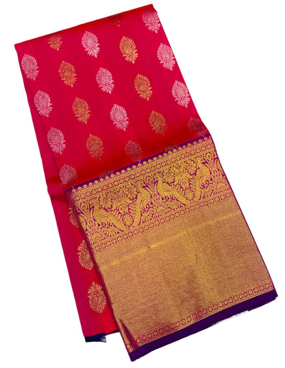 Pink shade Pure Kanchipuram Kids Pattu Pavadai with contrast border for age 5 to 10