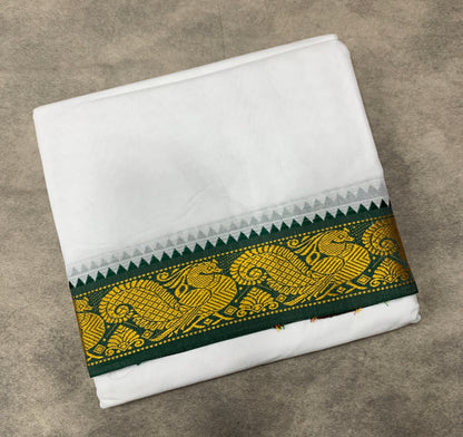 9X6 Cotton Dhoti White Colour with Green and Maroon Border with Angavastram