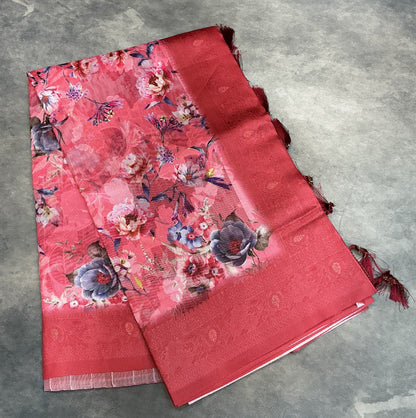 Digital Print Cotton Saree Light Red Colour with Floral Pattern