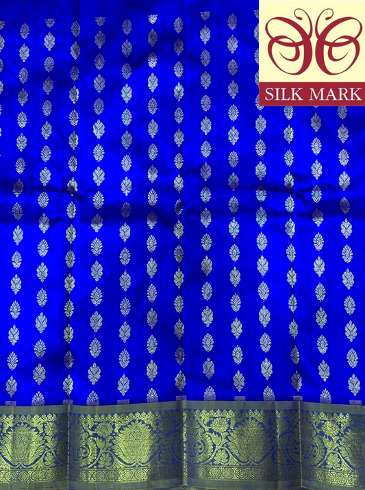 Blue Shade Pure kanchipuram Kids Pattu Pavadai with Contrast Border for Newborn to 2 Years