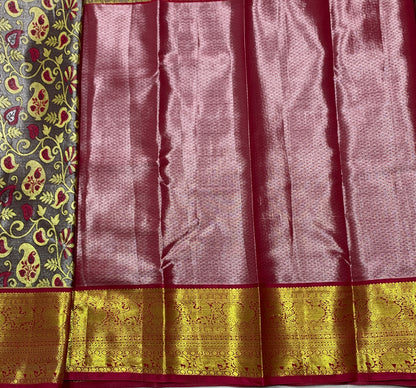 Golden Gray Shade Vegan Silk Kids Pattu Pavadai with Contrast border for age 2 to 5