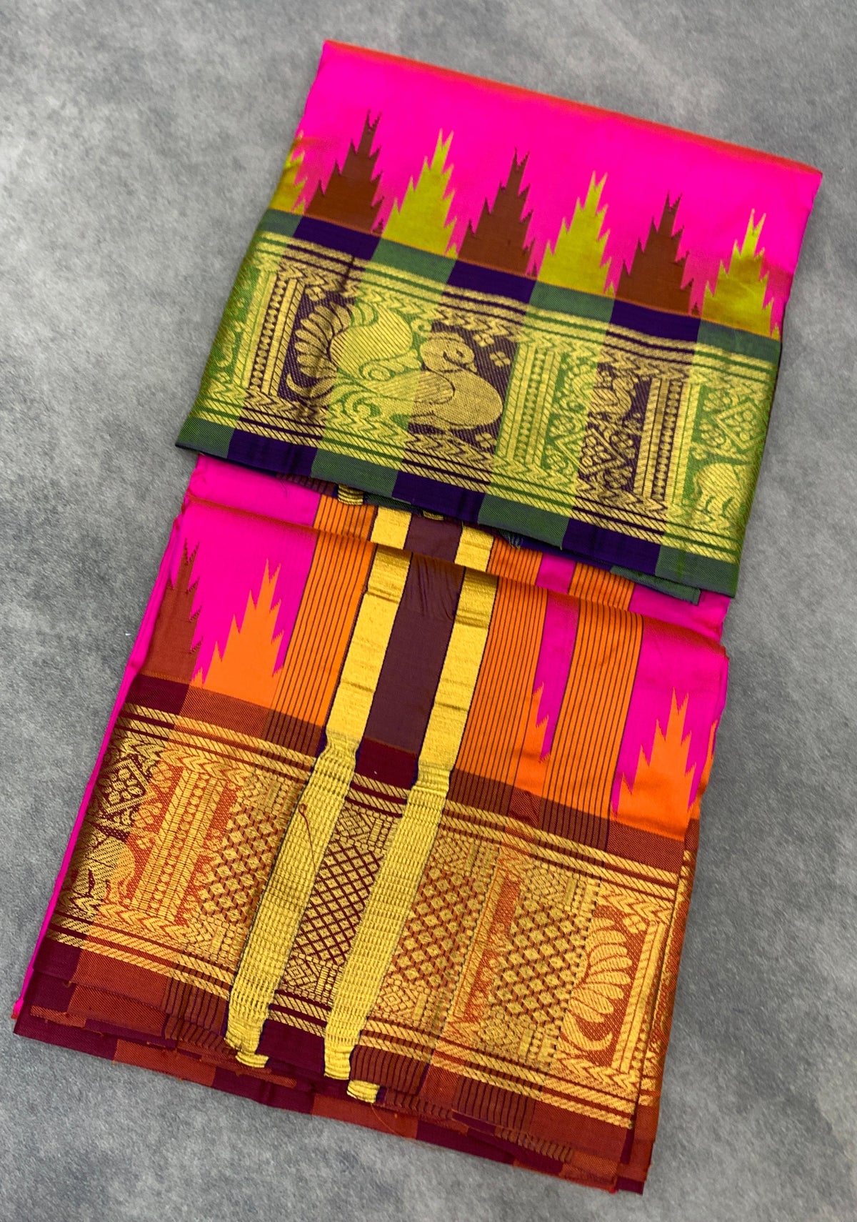 6 Mulam Silk Pooja Towel Rani Pink Colour with Ganga Jamuna Korvai Border