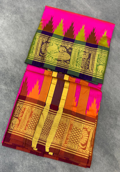 6 Mulam Silk Pooja Towel Rani Pink Colour with Ganga Jamuna Korvai Border