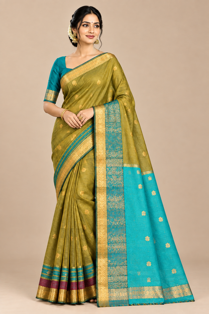 Golden Mustard Colour Silk Cotton Saree with Copper Zari Border
