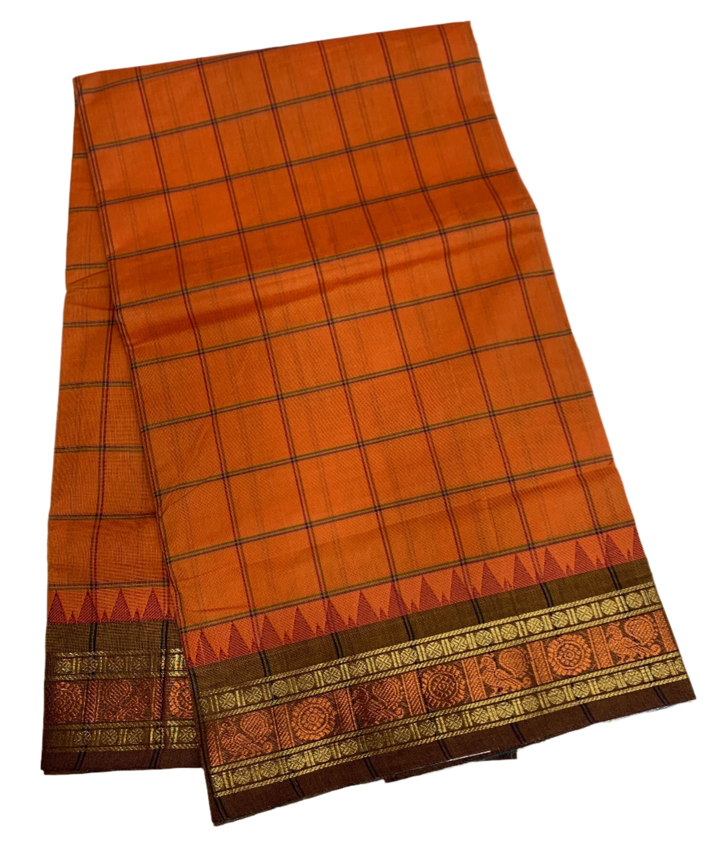 Chettinad Cotton Saree Orange Colour with Checked Design