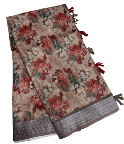 Jute Cotton Saree Brown Colour with Thread Border