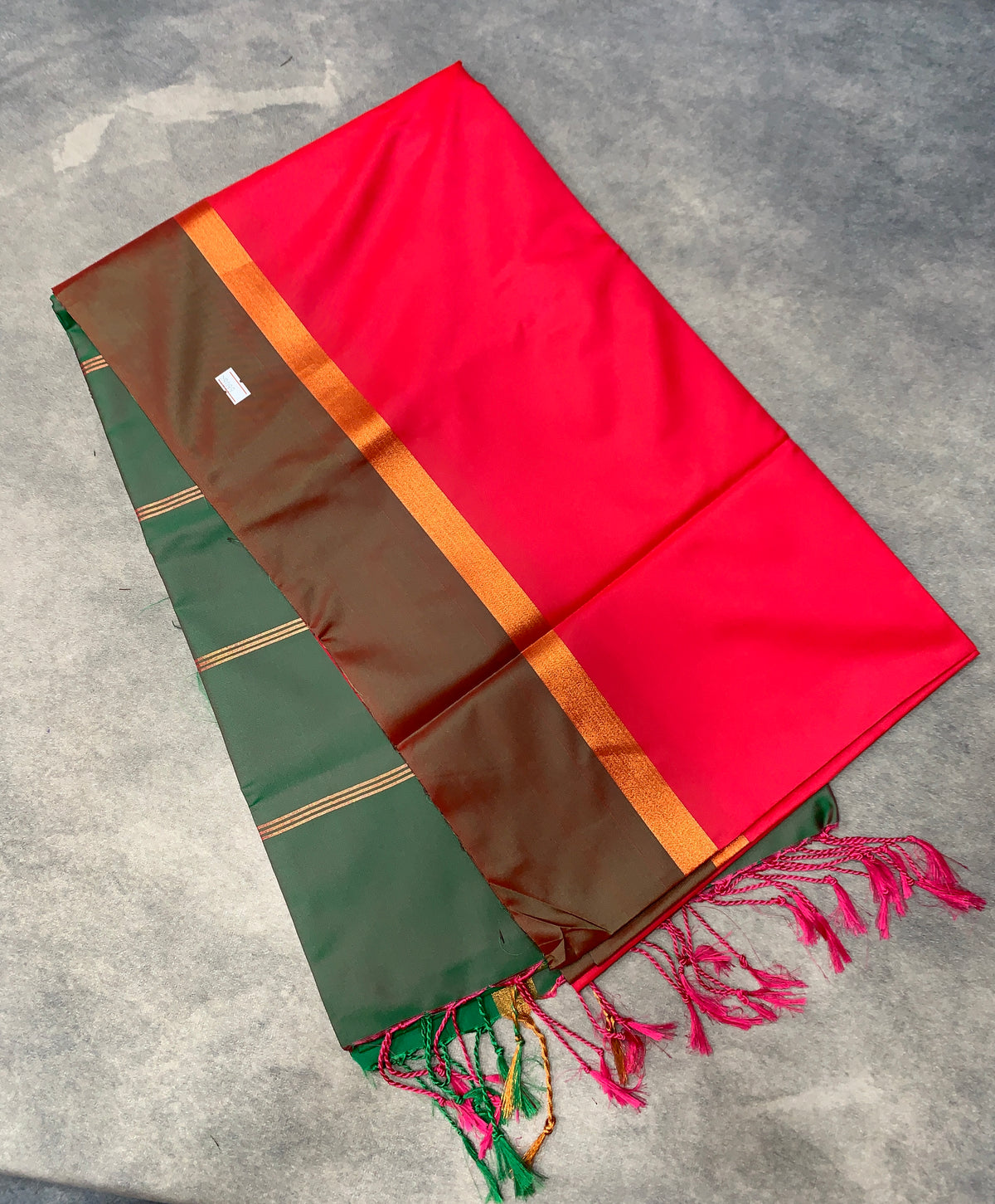 Art Silk Saree Red Colour with Green and Copper Border