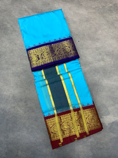 9X5 Pure Silk Dhoti Sky Blue Colour with Navy Blue and Maroon Ganga Jamuna Border