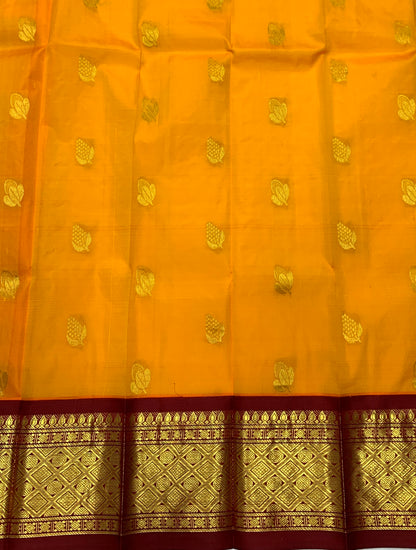 Pure Kanchipuram Silk Saree Mango Yellow Colour with Maroon and Gold Zari Border