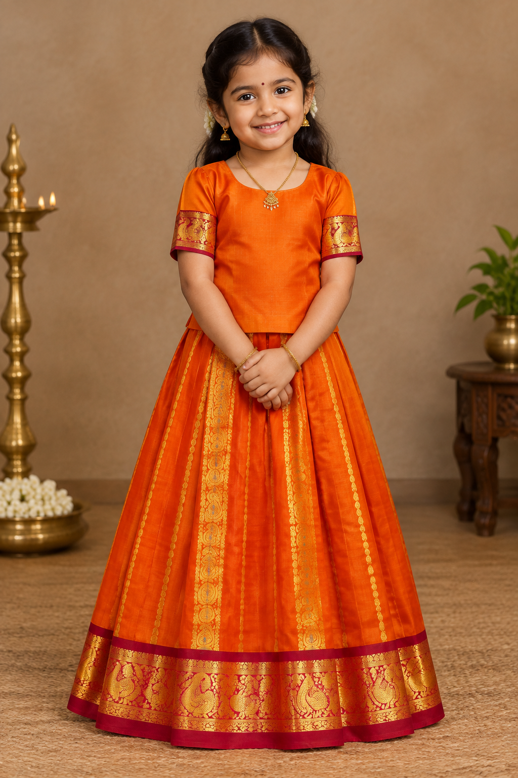 Orange Shade Semi silk Kids Pattu Pavadai with Contrast border for age 5 to 10