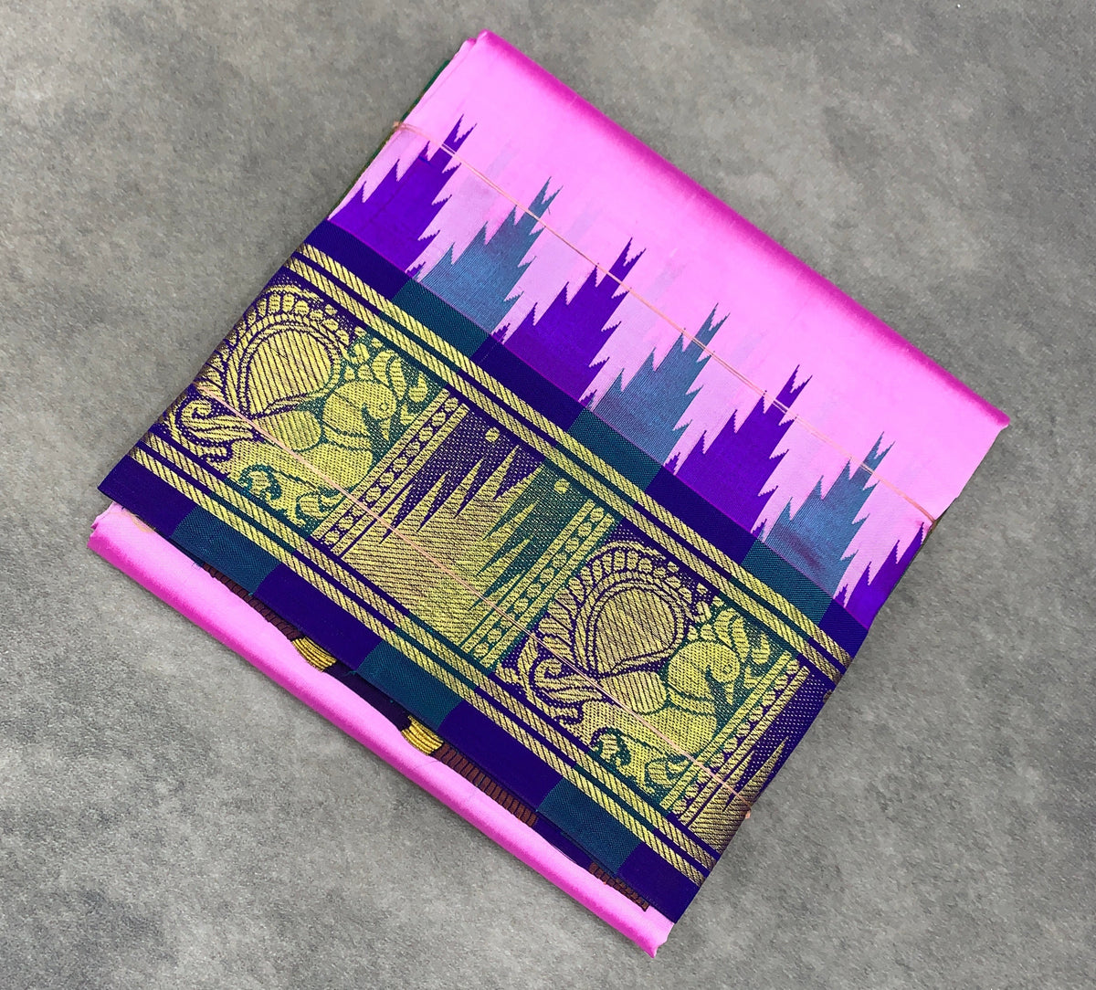 6 Mulam Silk Pooja Towel Baby Pink Colour with Ganga Jamuna Korvai Border
