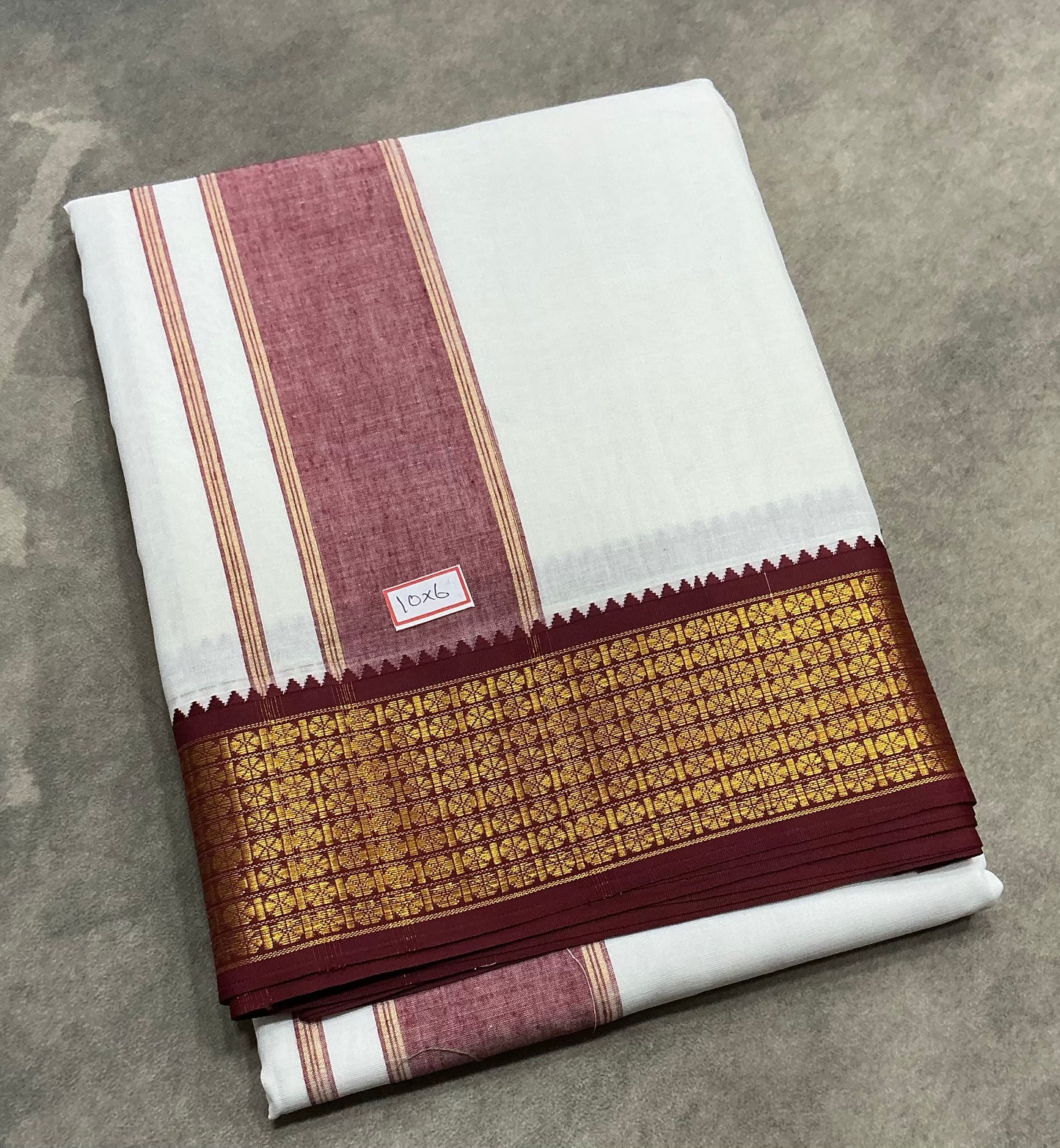 10X6 Cotton Dhoti White Colour with Large Maroon and Green Border