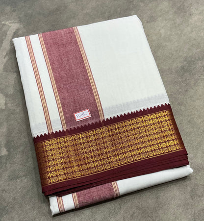 10X6 Cotton Dhoti White Colour with Large Maroon and Green Border